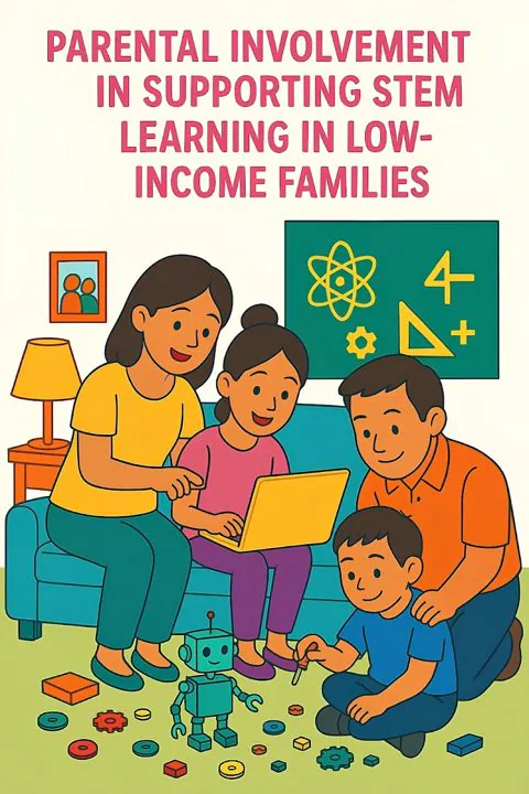 Illustration of parents and two children doing STEM activities with a laptop and toy robot at home