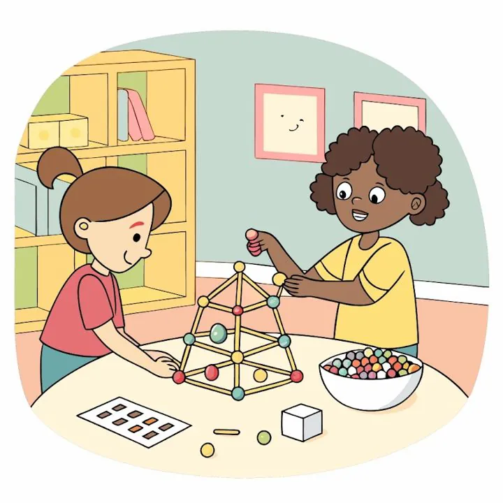 Illustration of two children building a tower from sticks and balls of play dough at a table