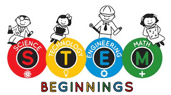 &ldquo;STEM Beginnings&rdquo; illustration with cartoon kids for science, technology, engineering and math