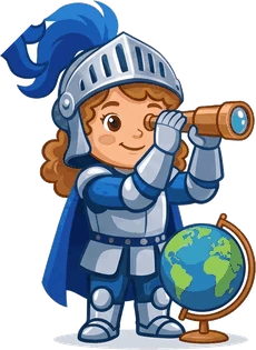 EduCastle knight mascot with a telescope and globe, for curiosity and social-emotional growth