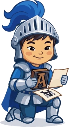 EduCastle knight mascot holding a letter block, for kindergarten readiness skills