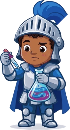 EduCastle knight mascot holding a science flask, for hands-on STEM learning in preschool