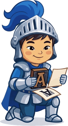 A young knight with a letter block