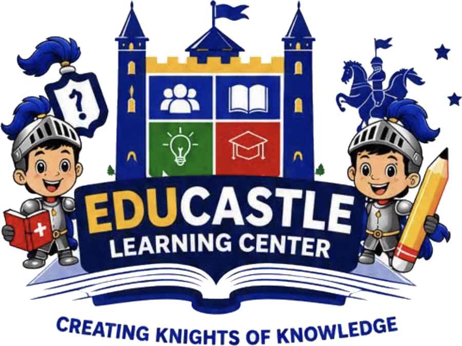 EduCastle Learning Center logo: two child knights beside a castle and open book, Creating Knights of Knowledge
