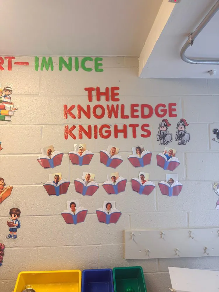 &ldquo;The Knowledge Knights&rdquo; wall display at EduCastle, with children&rsquo;s photos tucked into paper storybooks