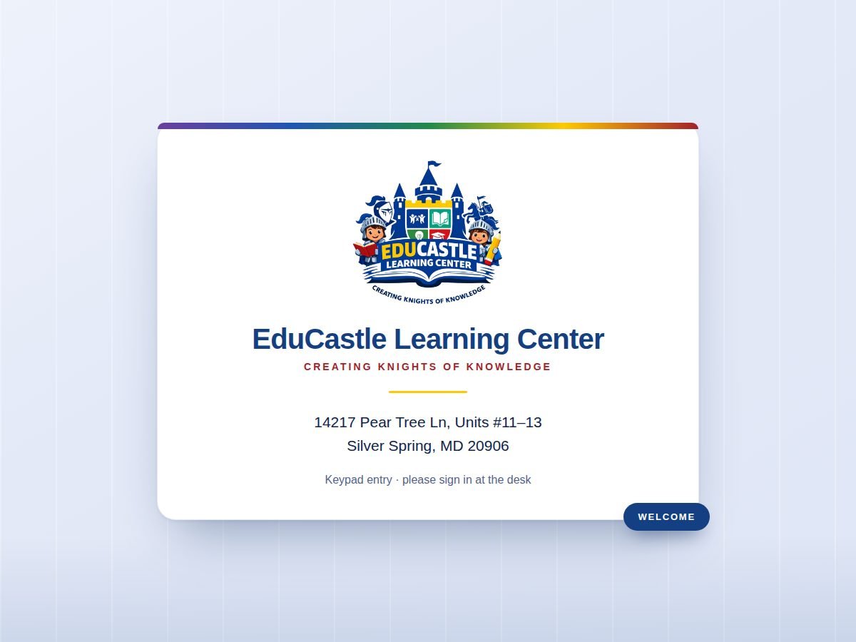 The front door of EduCastle Learning Center on Pear Tree Lane